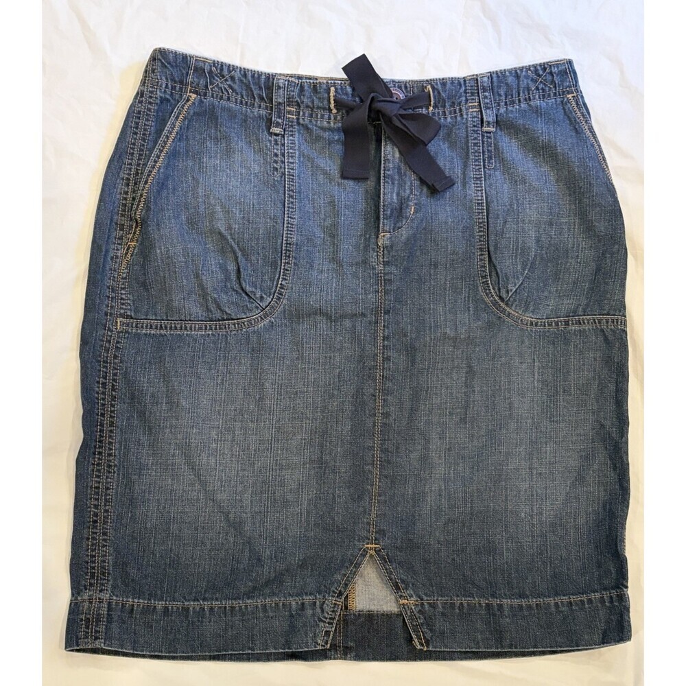 Eddie Bauer Denim Skirt Women's Size 10 Blue Medium Wash Ribbon Belt Above Knee